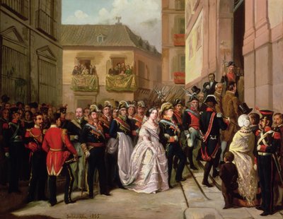 Isabella II of Spain and her husband Francisco de Assisi visiting the Church of Santa Maria by Ramon Soldevila Trepat
